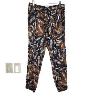 Nicole Miller NWT Cargo Jogger Pant L Blue Brown Leaf‎ Print Pull On Lyocell